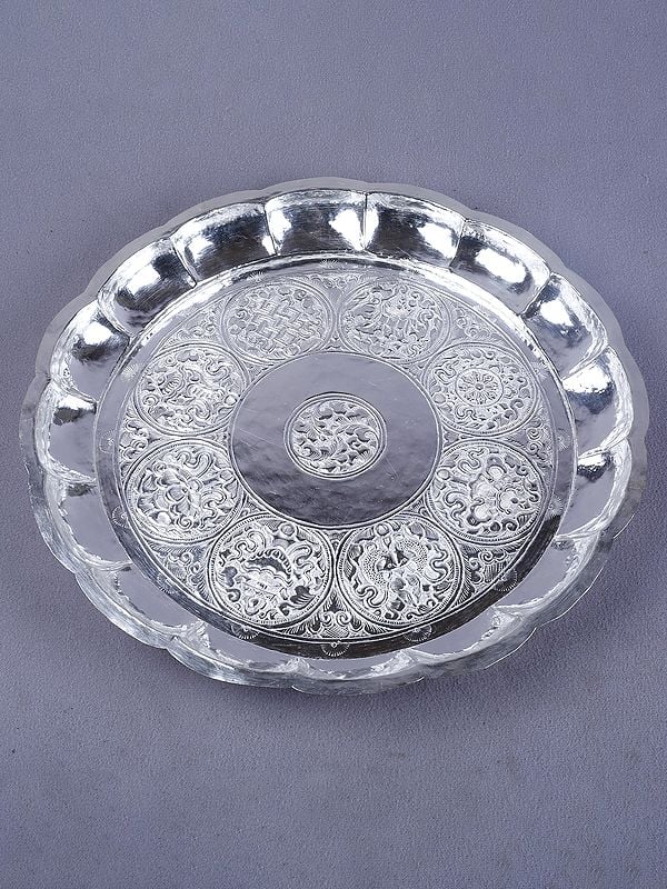 Silver Designer Round Pooja Thali For Auspicious Occasion