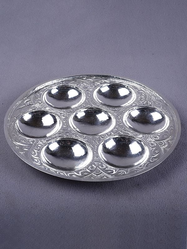 Silver Round Shaped Saptapala Pooja Thali For Auspicious Occasion