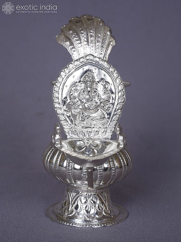 Pure Silver Engraved Lord Ganesha Diya (Thapi sukanda) With Kalash | Ritual Kalash