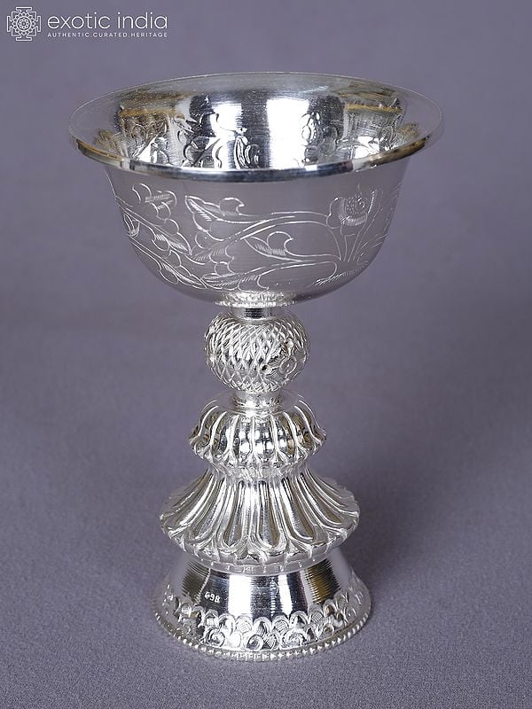 Engraved Ritual Pure Silver Diya With Stand From Nepal