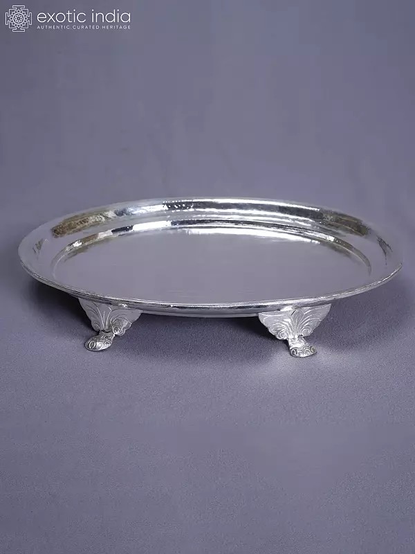 Engraved Pure Silver Pooja Thali With Stand | Ritual Item