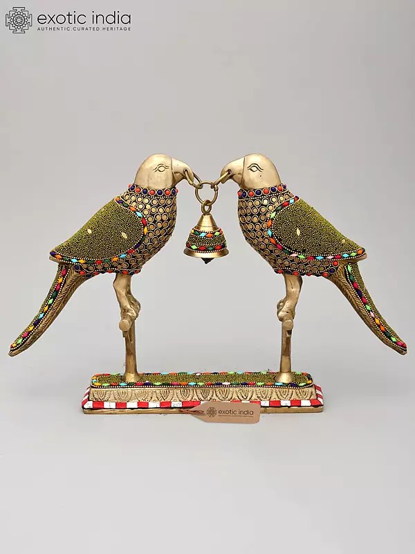 14" Decorative Pair of Parrots with Bell | Brass Statue with Inlay Work