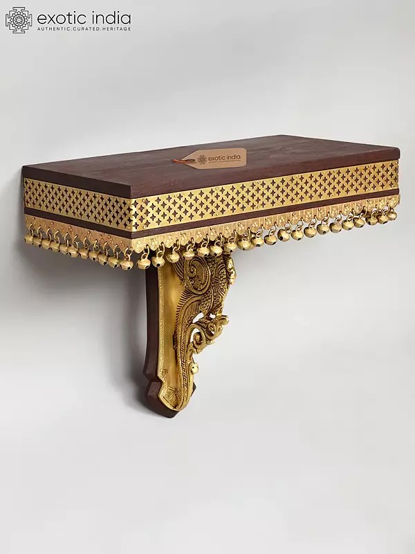 13" Peacock Design Wall Shelf in Wood with Brass Work | Wall Hanging