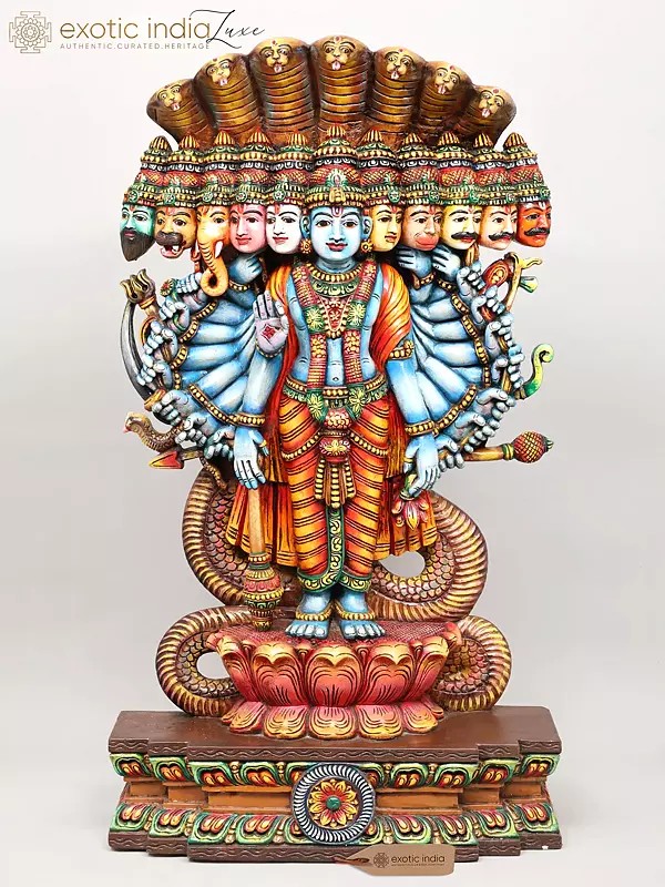 42" Vishwarupa Darshan: The Cosmic Form of Lord Vishnu | Hand-Painted Large Size Wood Carved Sculpture
