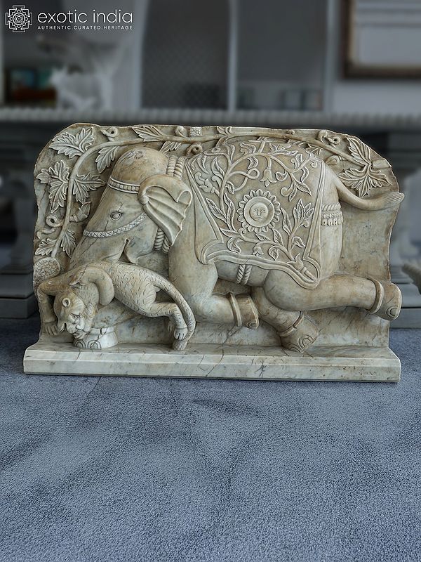 40" Elephant and Lion Fighting | Marble Panel | Exquisite Indian Art