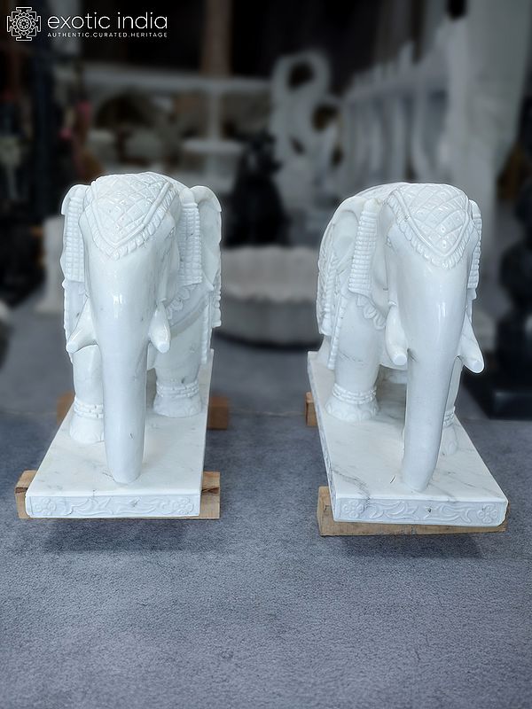 30" Pair of White Elephant | Marble Sculpture | Exquisite Indian Art