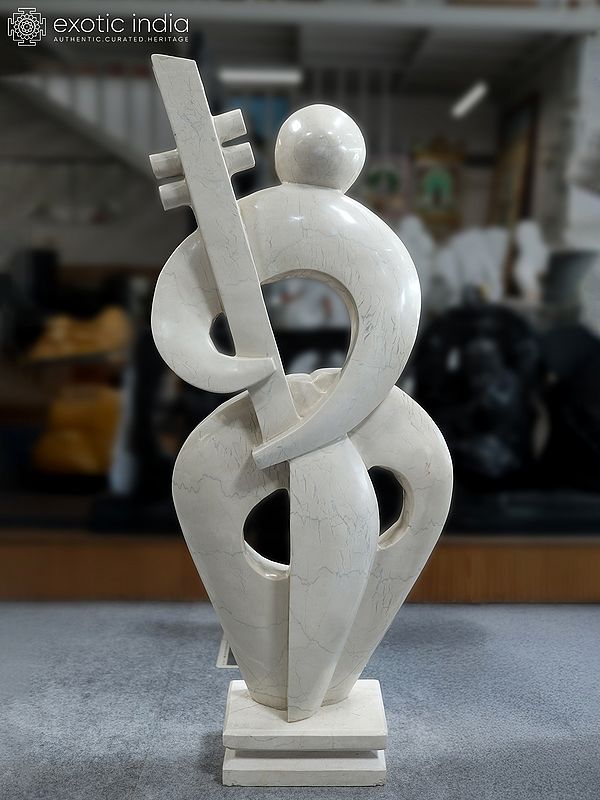 55" The Lady with Veena | Abstract Art | White Marble Sculpture