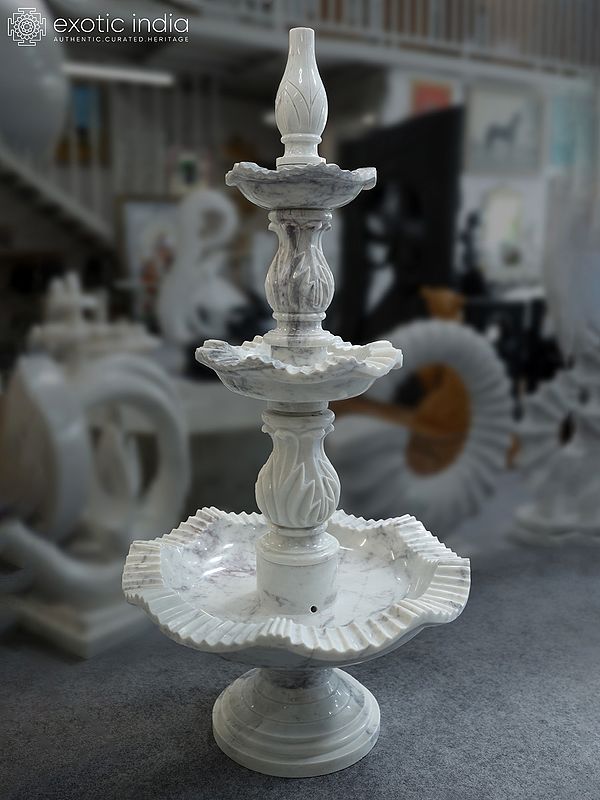60" 3 Tier Water Fountain | White Marble Sculpture | Exquisite Indian Art
