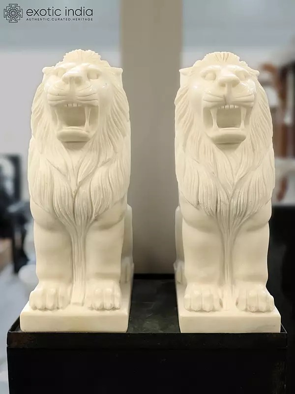 21" Pair of Lion | White Marble Sculpture | Exquisite Indian Art