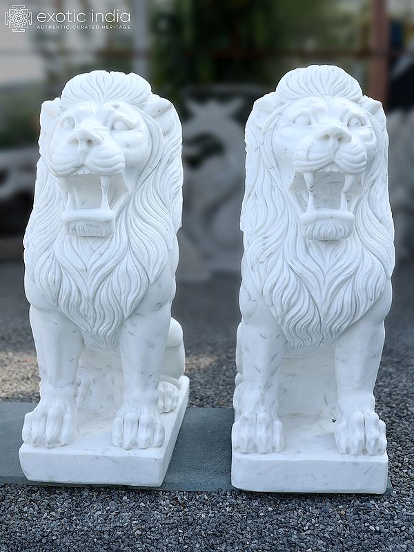 36" Pair of Lion | Home Decor | Marble Statue | Exquisite Indian Art