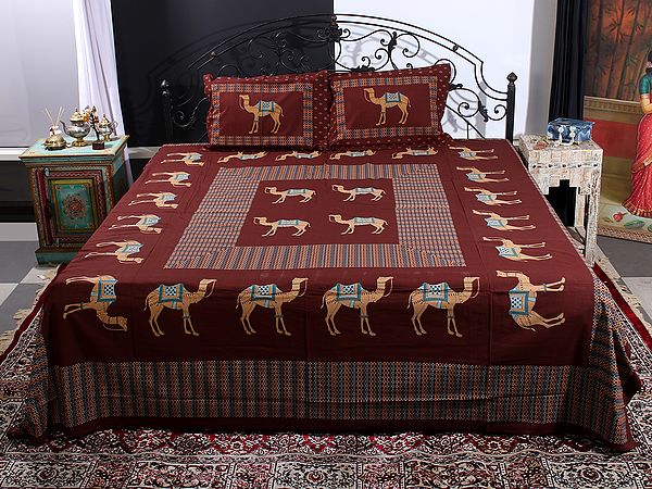 Crimson-Red Camel-Link Motif Handblock Printed Cotton Queen Size Bedsheet With Two Pillow Cover
