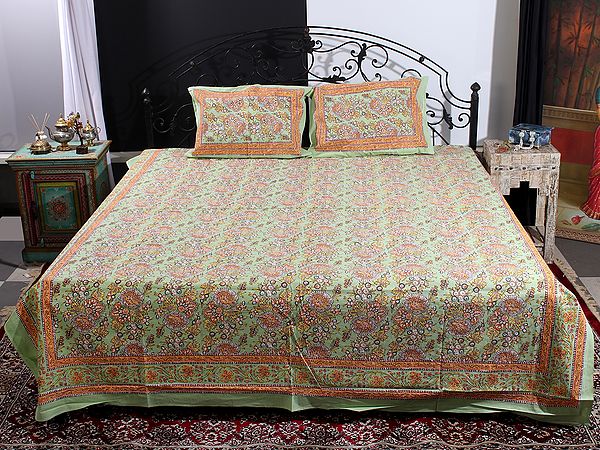 Mint-Green Botanical Flower Bunch Motif Printed Cotton Queen Size Bedsheet With Two Pillow Cover