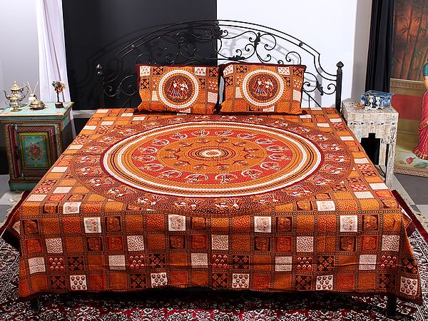 Sandstone Dandiya Folkdance Handblock Printed Cotton Queen Size Bedsheet With Two Pillow Cover
