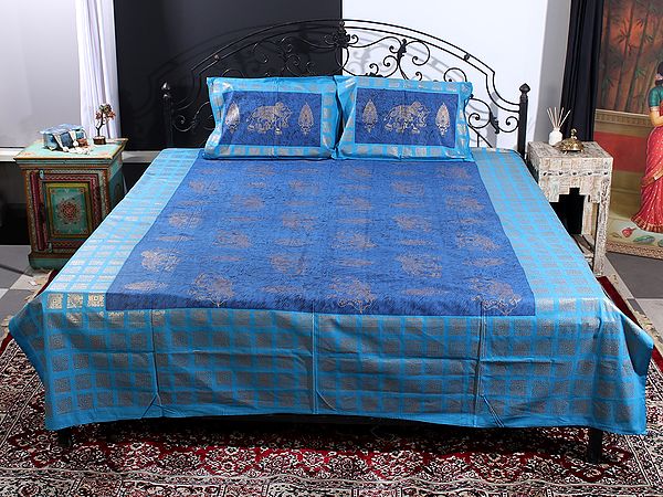 Dual Blue Color Gold Handblock Printed Elephant-Floral-Abstract Motif Cotton Queen Size Bedsheet With Two Pillow Cover