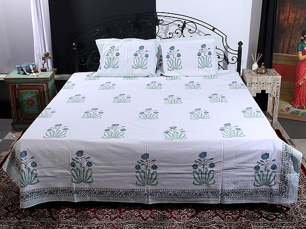 Pristine-White Bold Mughal Floral Motif Handblock Printed Cotton Queen Size Bedsheet With Two Pillow Cover