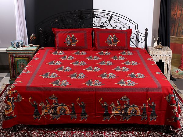Ruby-Red Marriage Procession-Varmala Depicting Handblock Printed Motif Cotton Queen Size Bedsheet With Two Pillow Cover
