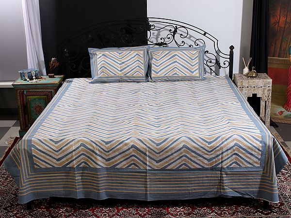 Dove-White Chevron Pattern Multicolor Handblock Printed Cotton Queen Size Bedsheet With Two Pillow Cover