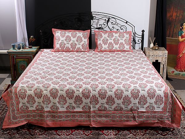 Pearl-White Tree Of Life Pattern Handblock Printed Cotton Queen Size Bedsheet With Two Pillow Cover
