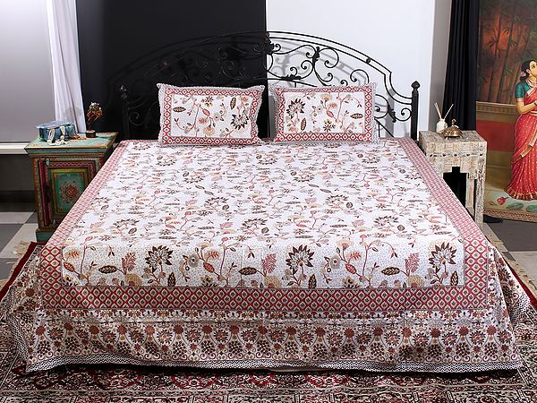 Snow-White Floral Pattern Gold Handblock Printed Cotton Queen Size Bedsheet With Two Pillow Cover