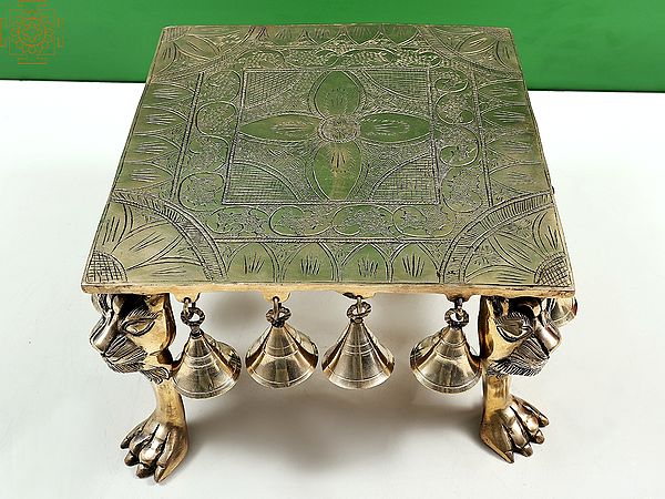 12" Brass Lion Leg Chowki with Bell | Handmade