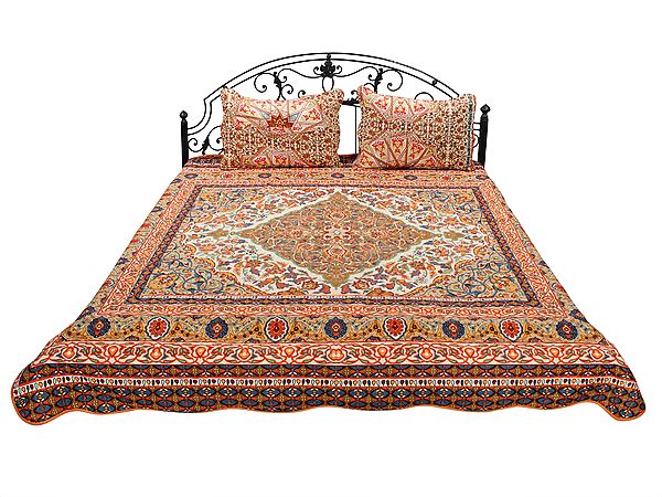 Tender-Peach Kalamkari Reversible Quilt And Pillow Covers From Jodhpur