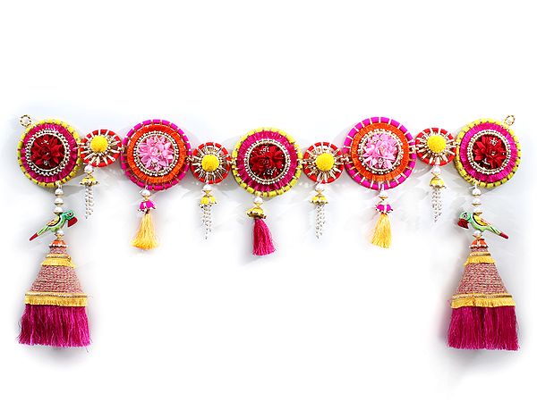 Multicolor Floral Tassels Door Decor Toran With Beads And Wooden Parrot