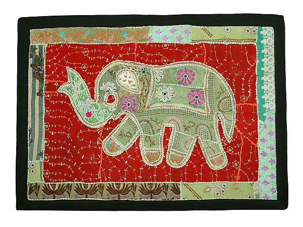 Elephant Motif Embroidered Wall Tapestry with Kantha Patchwork from Gujarat