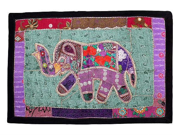 Elephant Motif Embroidered Wall Tapestry with Kantha Patchwork from Gujarat