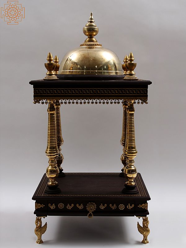 44" Large Wood and Brass Designer Temple with Drawer