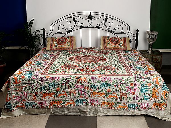 Antique-White Pure Silk Kantha Bed Cover And Pillow Covers From Bengal With Multicolor Fine Animal Motif Embroidery That Takes An Year To Complete