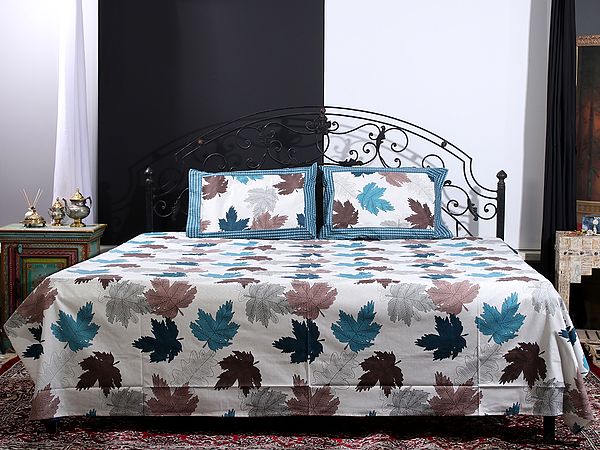 Maple Leaf Printed Cotton Queen Size Bedsheet With Two Pillow Cover