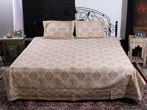 Multicolor Mediterranean Motif Handblock Printed Cotton Queen Size Bedsheet With Two Pillow Cover