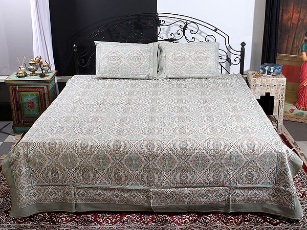 Multicolor Mediterranean Motif Handblock Printed Cotton Queen Size Bedsheet with Two Pillow Cover