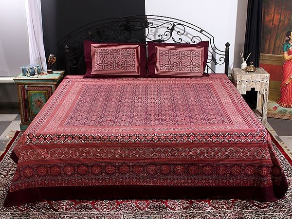 Multicolor Ajrakh Motif Printed Cotton Queen Size Bedsheet With Two Pillow Cover