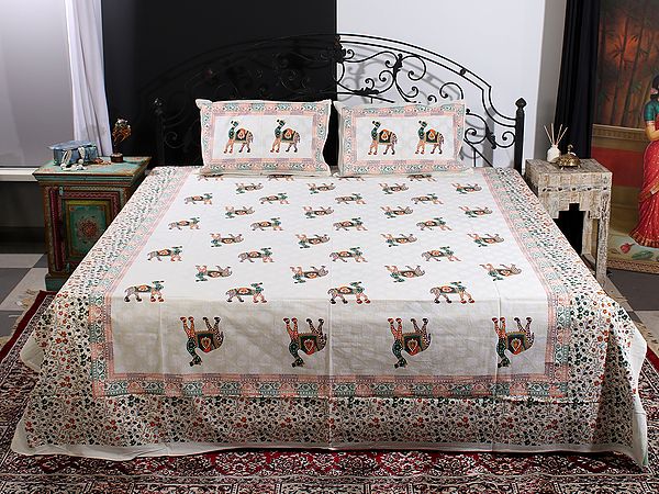 Cream Color Cotton Handblock Printed Queen Size Bedsheet With Multicolor Camel-Vine Motif And Two Pillow Cover