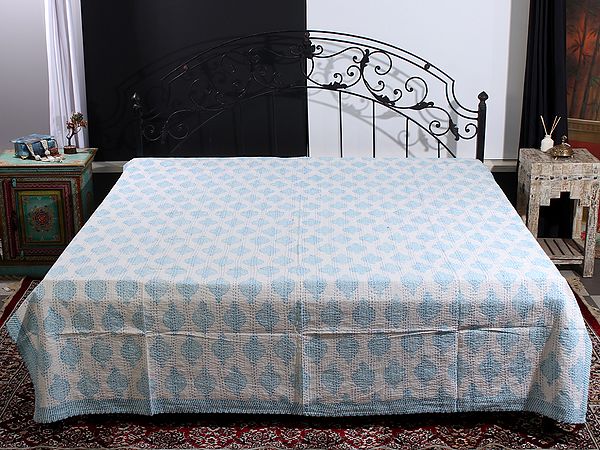 Daisy-White Moroccan Motif Printed Queen Size Bedcover from Jaipur with Kantha Straight Stitch