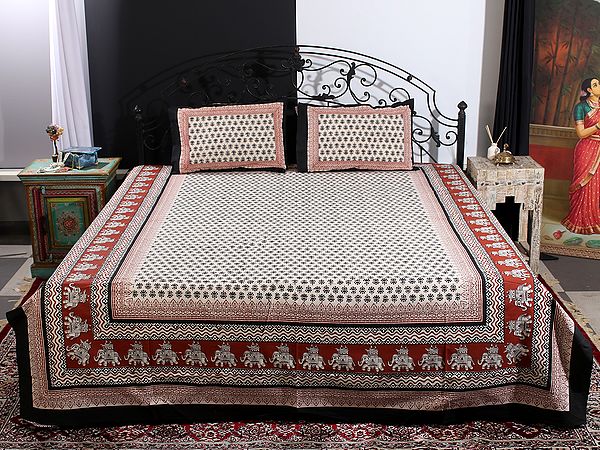 Beige Color Queen Size Bedsheet With Jaipuri Bagru Print Butti-Floral Motif And Two Pillow Cover