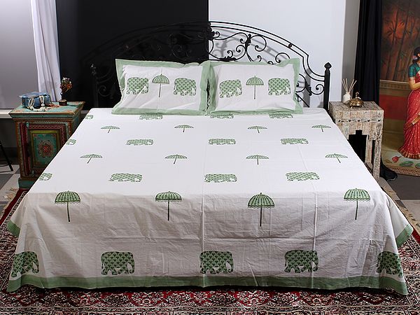 Off-White Pure Cotton Queen Size Bedsheet With Elephant-Parasol Floral Handblock Print From Jaipur With Two Pillow Cover