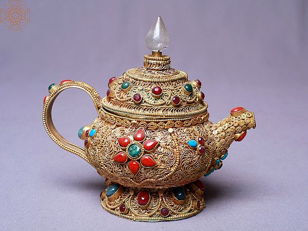 5" Stylish Copper Kettle with Filigree and Stone Work | Made In Nepal