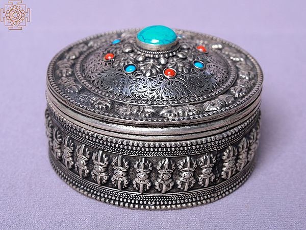 9" Vajra Design White Metal Siku Jewellery Box | Made In Nepal