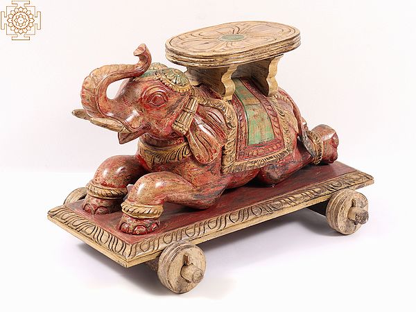 21" Wooden Elephant Design Table with Wheels