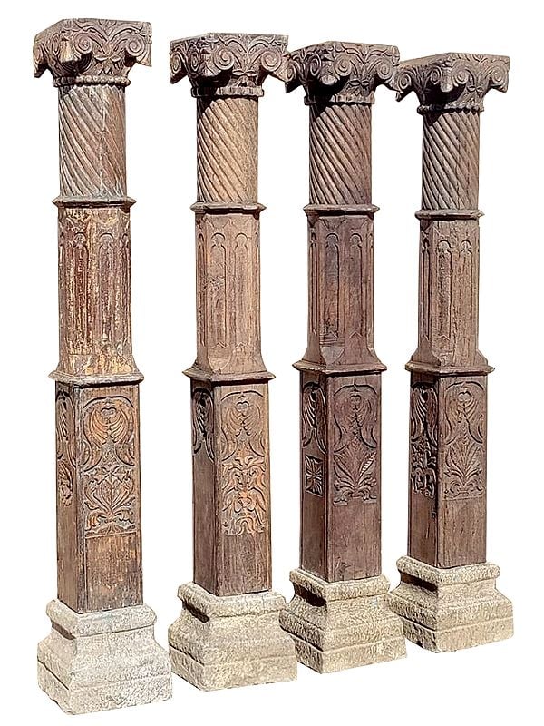 78" Large Wooden Teakwood Designer Pillars with Stone Base | Price Per Piece