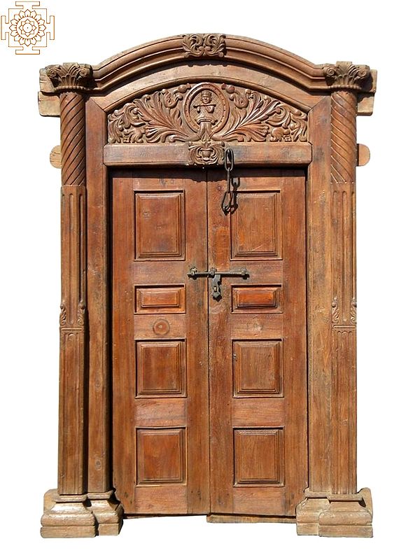 99" Large Wooden Carved Vintage Indian Door with Frame
