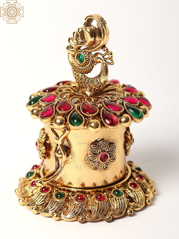 Peacock Design Brass Sindoor Box with Red and Green Stone Work