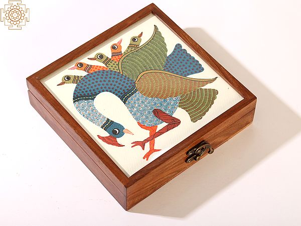 Birds Tile Wood Box with Handmade Gond Painting