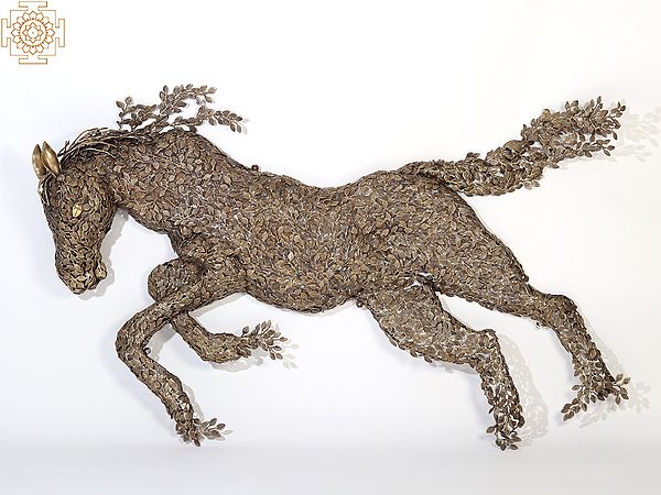 70" Large Wall Hanging Galloping Horse Made of Leaves in Brass
