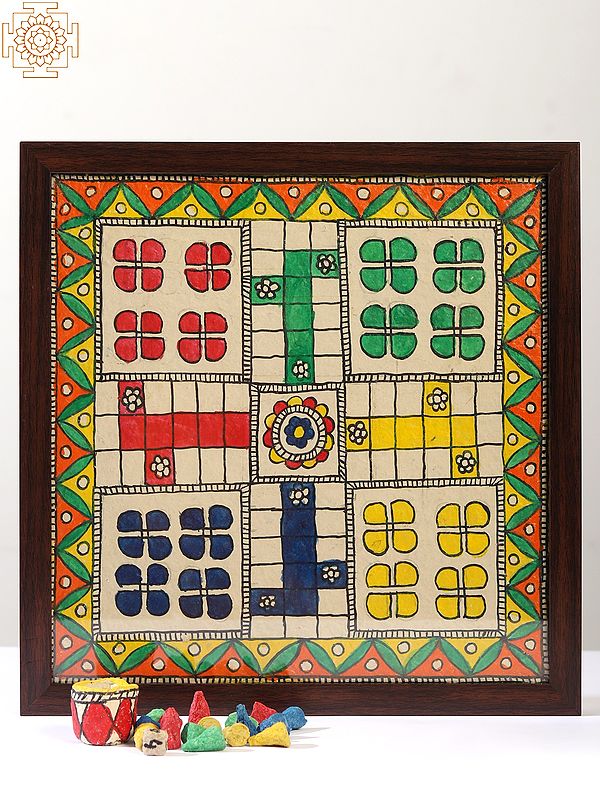 13" Ludo Board Made in Madhubani Painting with Handmade Tokens and Dice