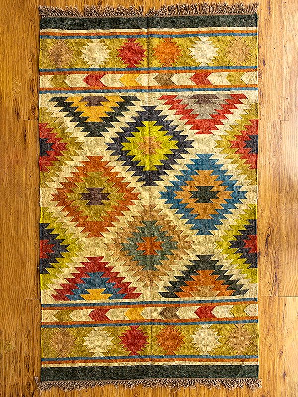 Wool And Jute Mix Persian Kilim Rugs With Woven-Motifs In Multicolor