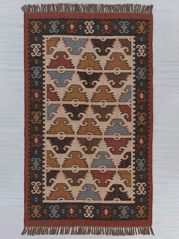 Wool And Jute Mix Carpet With Multicolor Tribal Kilim Pattern Weave