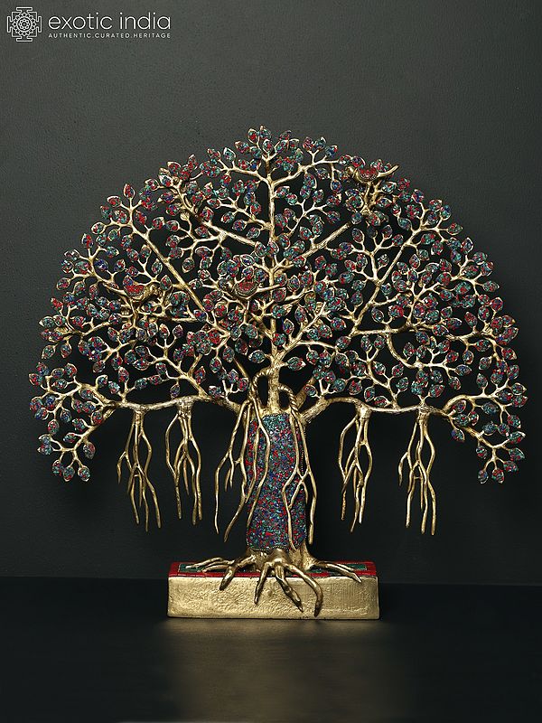 19" Tree of Life with Perched Birds | Brass with Stone Work